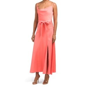 Taylor Coral Satin Back Crepe Tie-Waist Cowlneck Maxi Dress Sz 8